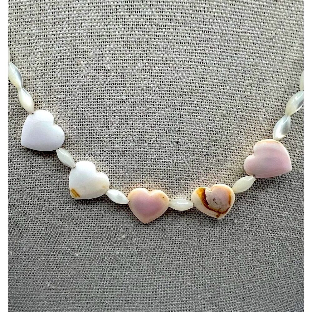 Vintage Heart-Shaped Shell Necklace With Mother Of Pearl Beads - Picture 2 of 12